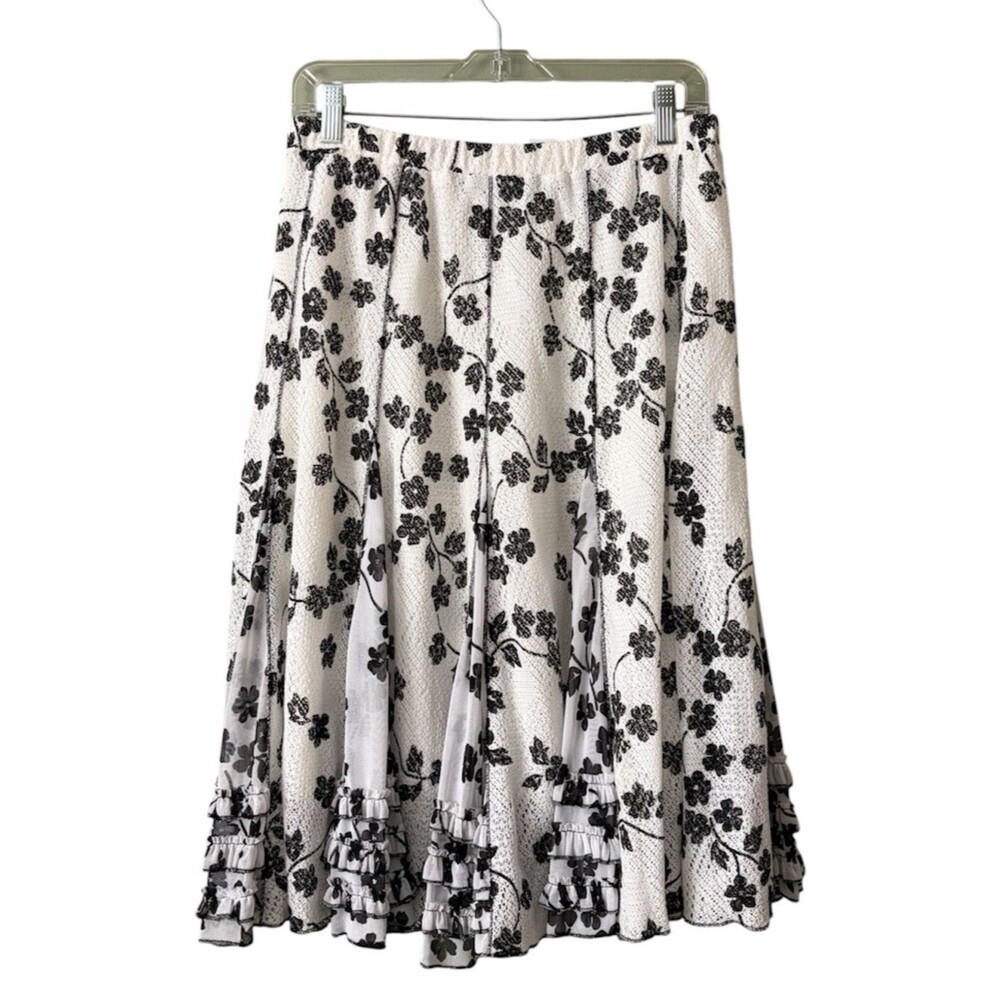 Coldwater Creek Black White Floral Lace Ruffle Pull On Skirt Sz PM